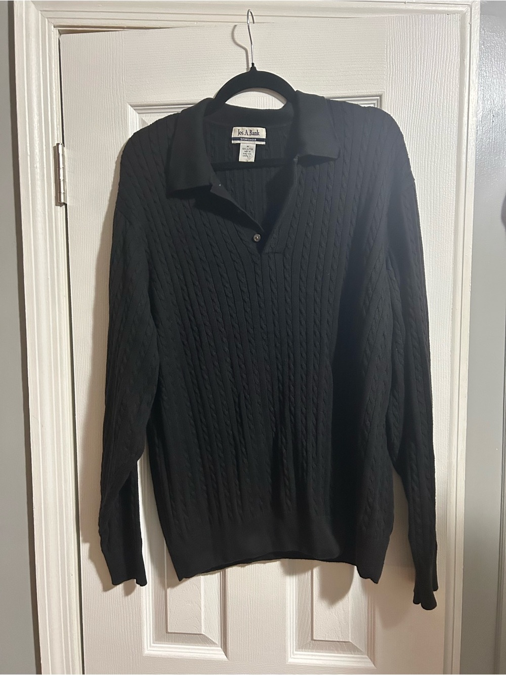 100% cotton Jos. A. Bank Black Cable-Knit Polo Sweater for Men